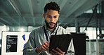 Prosthetics, reading or man with tablet in office, biomedical engineering or artificial leg development. Planning, tech or robotics engineer with prototype programming, mobility research or review 