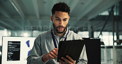 Buy stock photo Prosthetics, reading or man with tablet in office, biomedical engineering or artificial leg development. Planning, tech or robotics engineer with prototype programming, mobility research or review 
