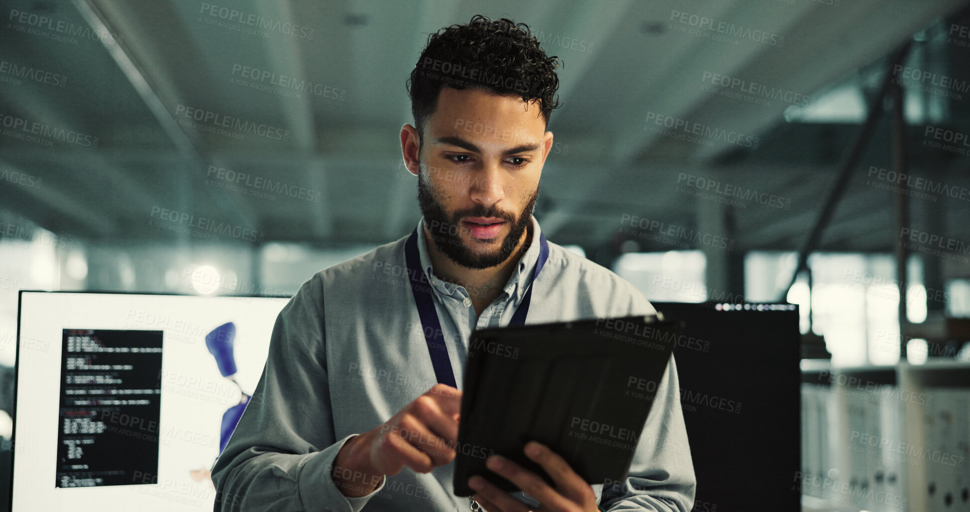 Buy stock photo Prosthetics, reading or man with tablet in office, biomedical engineering or artificial leg development. Planning, tech or robotics engineer with prototype programming, mobility research or review 
