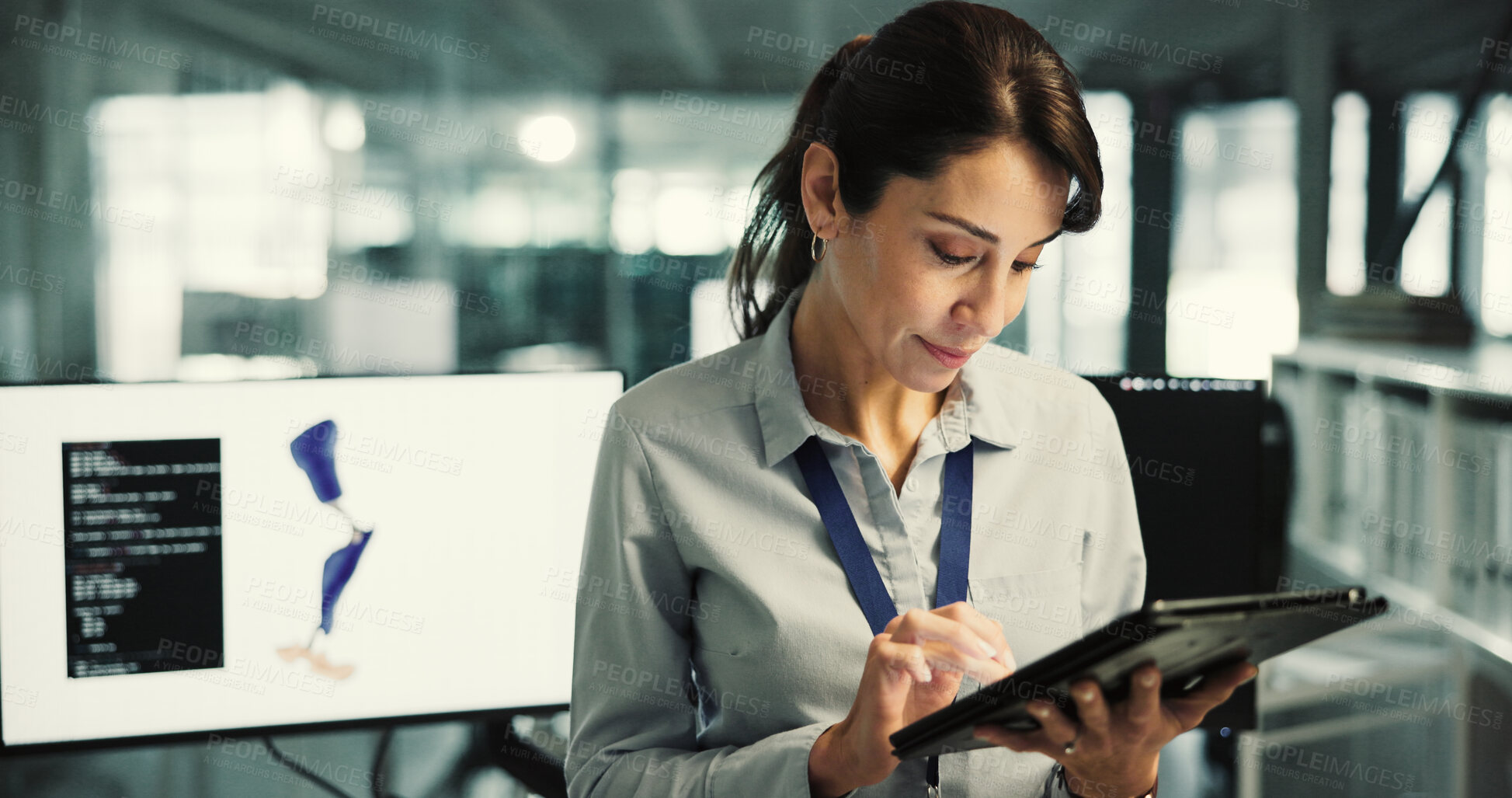 Buy stock photo Review, prosthetics or woman in laboratory with tablet, design evaluation or checklist in biomechanics test. Future, data or prosthetist with tech, model development or progress in mobility research.