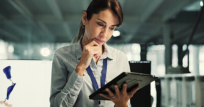 Buy stock photo Prosthetics, thinking or woman with tablet in office, biomedical engineering or artificial leg development. Planning, tech or mature engineer with prototype testing, mobility research or review model