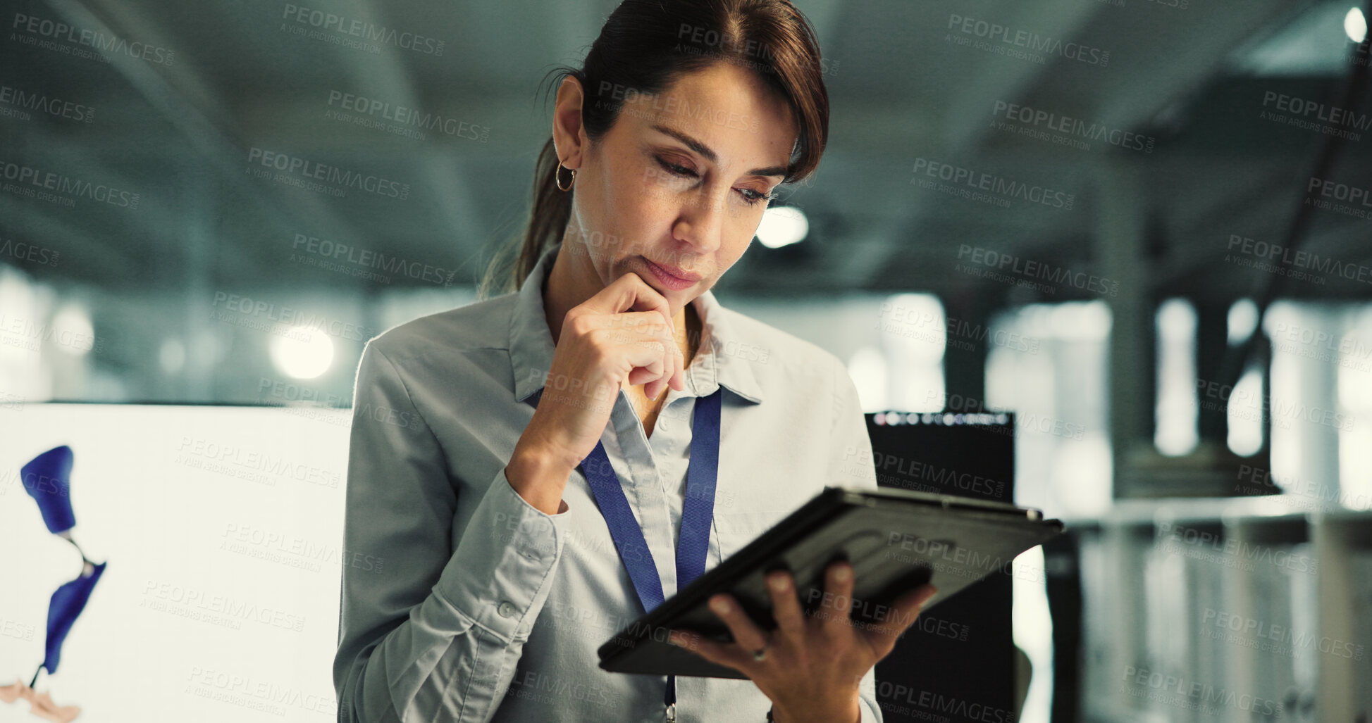 Buy stock photo Prosthetics, thinking or woman with tablet in office, biomedical engineering or artificial leg development. Planning, tech or mature engineer with prototype testing, mobility research or review model
