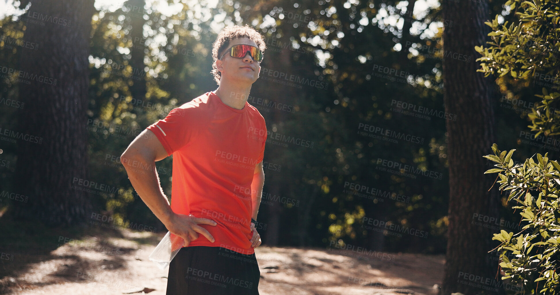 Buy stock photo Fitness, thinking and man in nature for exercise, training and fresh air for health, wellness and calm. Space, athlete and person in woods for reflection, thoughtful and rest for active hobby outdoor