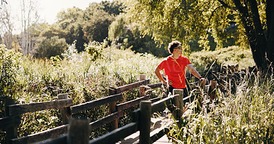 Buy stock photo Thinking, rest and man in nature for fitness, training and workout break outdoor. Athlete, sports and person with reflection for wellness, health and active hobby for exercise, fresh air and calm