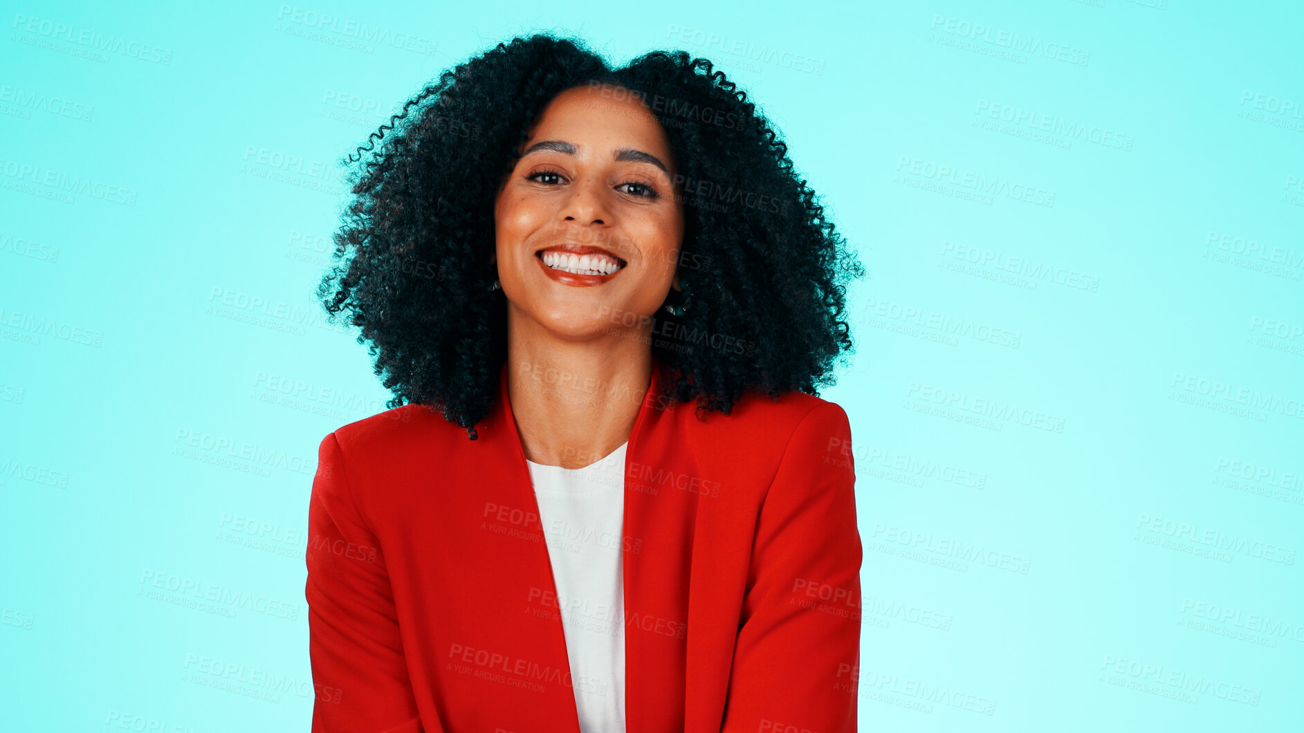 Buy stock photo Happy, business and portrait of woman in studio with confidence, ambition and pride for real estate. Mockup, space and person smile for realtor, career growth and property agent on blue background