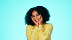 Portrait, black woman and smile in studio for fashion, afro and aesthetic for natural beauty. Gen z student, face and happy with casual outfit, cosmetics and confidence with style on blue background