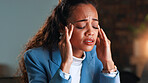 Night, headache and woman in office, pain and stress for nerve tension, tired and burnout. Evening, person and professional in workplace, migraine and pressure with low energy, overtime and exhausted