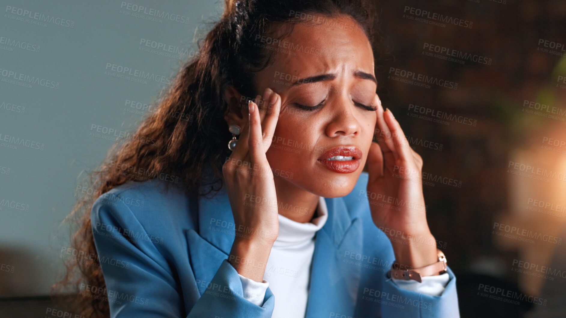 Buy stock photo Night, headache and woman in office, pain and stress for nerve tension, tired and burnout. Evening, person and professional in workplace, migraine and pressure with low energy, overtime and exhausted