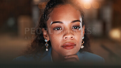 Buy stock photo Woman, computer and review in office at night with decision, proposal or thinking at investment company. Person, financial advisor or broker with pc, feedback or overtime at asset management agency