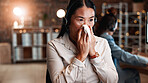 Woman, tissue and sick with headset at office with cold symptoms, virus and legal advice job at night. Mature person, advisor or consultant with napkin for blowing nose, illness and flu at law agency