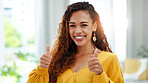 Thumbs up, happy and portrait of woman in home with yes opinion, agreement or approval gesture. Smile, emoji and female person in living room with like, vote or satisfaction hand sign in house.