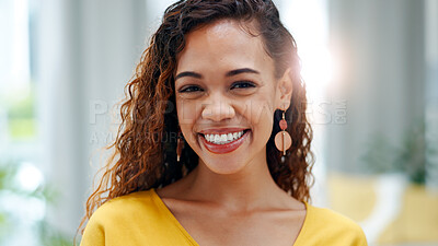 Buy stock photo Woman, portrait and student with smile on break in house, stress relief and confident in living room. Education, home and person with pride on peaceful weekend, happy and relax with positive attitude