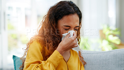Buy stock photo Sick, woman and blowing nose in home for allergy problem, flu and virus infection in living room. Tissue paper, disease and person on sofa with cold symptoms, bacteria or health risk in house