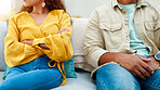Angry, couple and ignore with conflict at house of disagreement, argument and trust issues. Upset, people and emotional distance with silent treatment, toxic relationship and miscommunication dispute