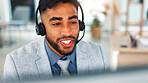 Businessman, talk and telemarketing in office with computer, explain life insurance and lead generation. Person, discussion and contact in workplace with desktop, policy and financial service advice.