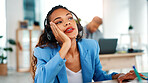 Call center, bored and woman in office with headset, contact us or daydreaming in crm service. Fatigue, coworking and consultant in agency with mic, online assistance or burnout in client support.

