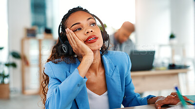 Buy stock photo Call center, bored and woman in office with headset, contact us or daydreaming in crm service. Fatigue, coworking and consultant in agency with mic, online assistance or burnout in client support.

