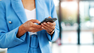 Buy stock photo Businesswoman, hands and typing in office with phone, check website and update for financial audit. Accountant, female person and scroll in firm with tech, text message or mobile app for company news