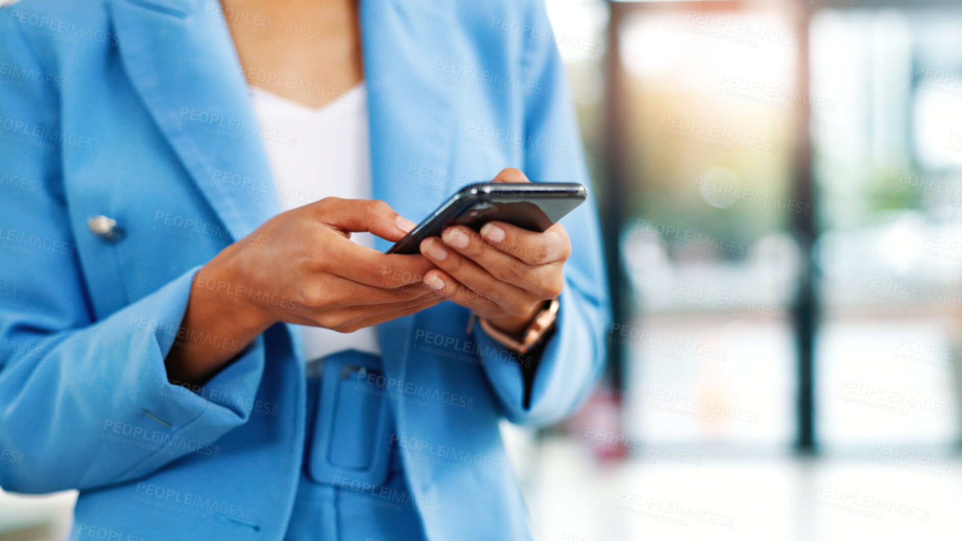 Buy stock photo Businesswoman, hands and typing in office with phone, check website and update for financial audit. Accountant, female person and scroll in firm with tech, text message or mobile app for company news