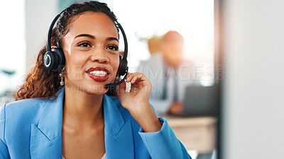 Buy stock photo Headset, talking and businesswoman in office with communication, consultation or client engagement. Smile, mic and customer success manager with support for crm, onboarding or helpdesk at agency.