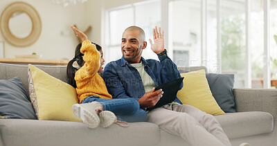 Buy stock photo Father, child and high five on couch with tablet, playing online game and bonding together on weekend. Happy, dad and daughter in home with tech, kids app or celebration for gaming win in living room