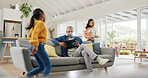 Tablet, father and girls in home, funny and digital app for social media, playing or bonding together. Happiness, family or dad on couch, parent and daughters with tech for online entertainment