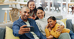 Selfie, parents and girls in home, smile and bonding together for love, internet and funny. Apartment, family and mother with father, daughters or profile picture to capture moment, laughing or care