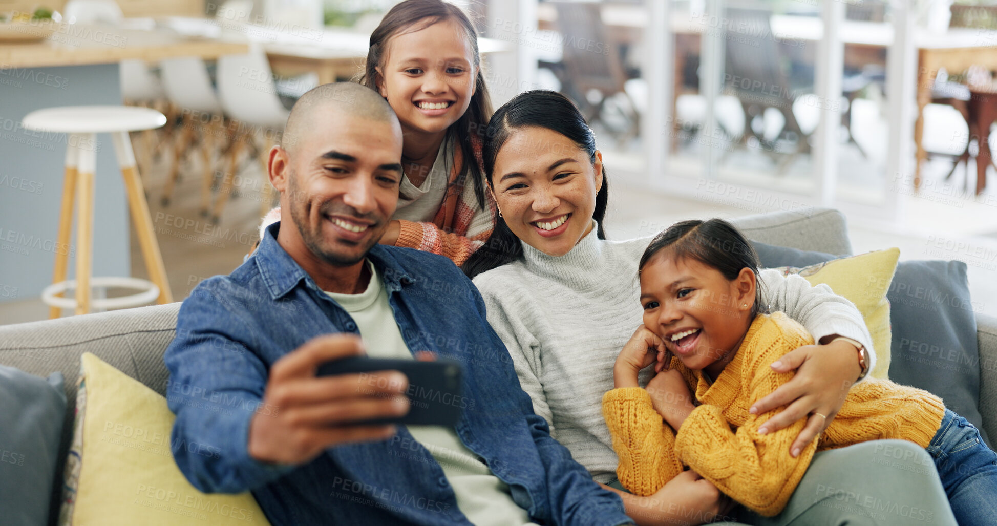 Buy stock photo Selfie, parents and girls in home, smile and bonding together for love, internet and funny. Apartment, family and mother with father, daughters or profile picture to capture moment, laughing or care