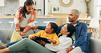 Parents, children and relax on sofa with tablet, playing online game and bonding together on weekend. People, family and girls in house with digital tech, kids app and gaming website for wellness.