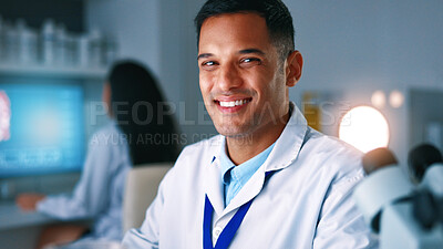 Buy stock photo Portrait, man and scientist with smile in lab for research, medical study and experiment. Happy, male person and healthcare investigation for biotechnology, pharmaceutical and vaccine development