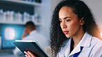 Healthcare, science and woman in lab on tablet for medical review, clinical trial and research for vaccine. Reading, pharmaceutical and person on tech for evaluation, data analysis and biotech study