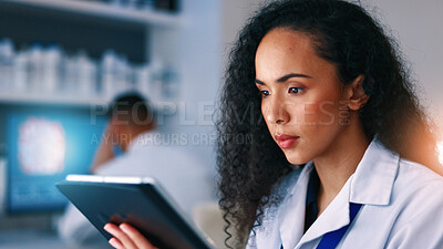 Buy stock photo Healthcare, science and woman in lab on tablet for medical review, clinical trial and research. Reading, pharmaceutical and person on tech for evaluation, data analysis and medicine study for vaccine