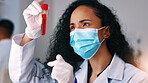 Blood, science and woman in lab, research for DNA test and results for cure development. Scientist, employee and person in workplace, face mask for safety and medical service for sample analysis