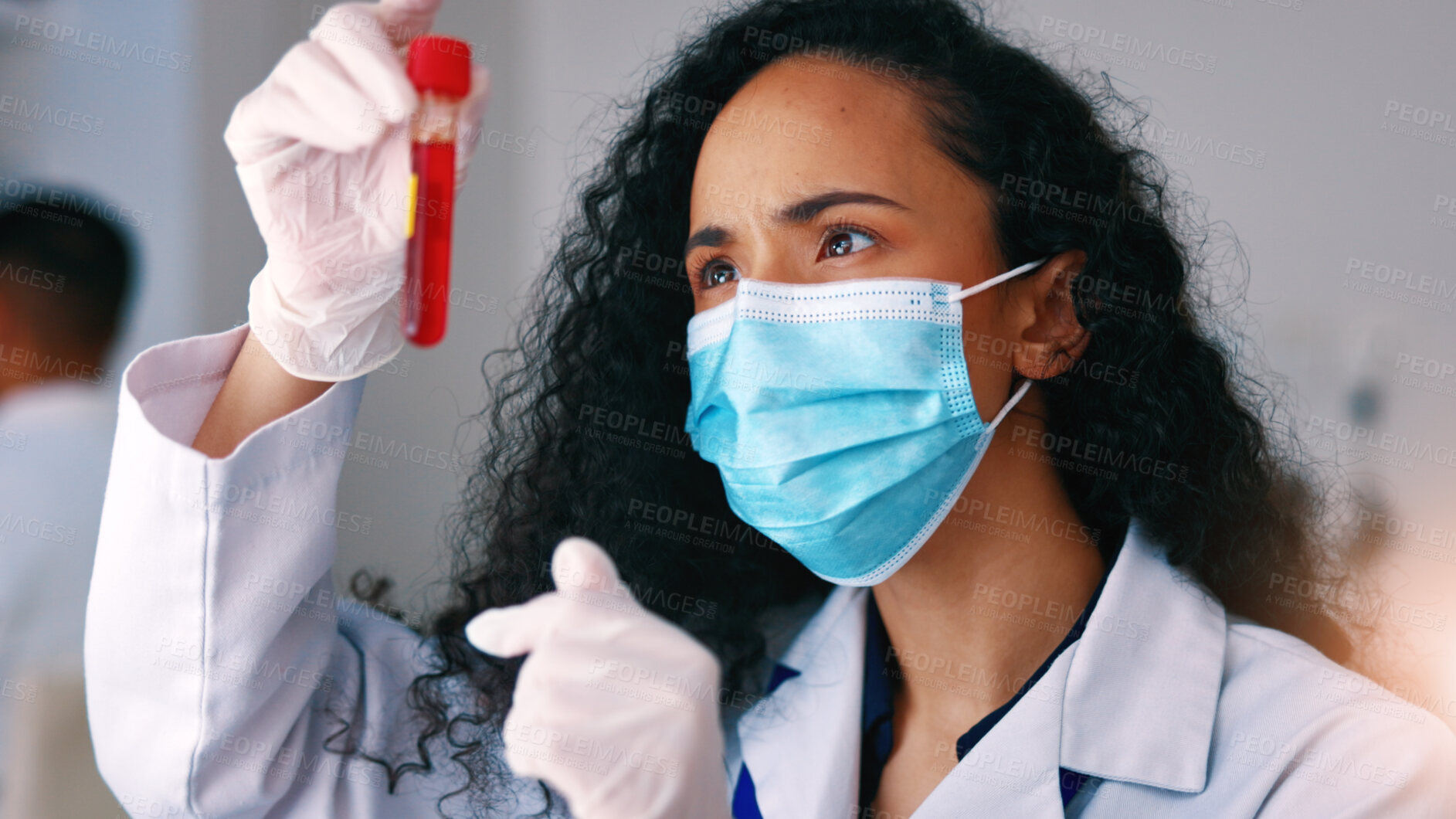 Buy stock photo Blood, science and woman in lab, research for DNA test and results for cure development. Scientist, vial and person in workplace, face mask for safety and medical service for sample analysis