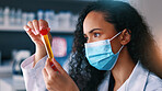 Sample, science and woman in lab, research for vaccine or results for cure development. Scientist, test tube or person in workplace, face mask for safety or medical service for innovation or analysis