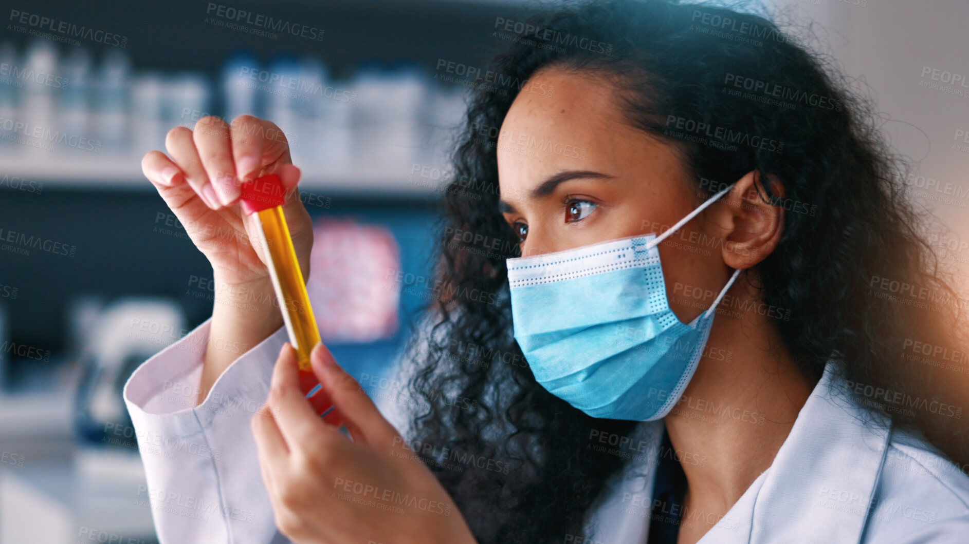 Buy stock photo Sample, science and woman in lab, research for vaccine or results for cure development. Scientist, test tube or person in workplace, face mask for safety or medical service for innovation or analysis