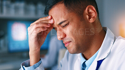 Buy stock photo Headache, science or man with stress in laboratory, research burnout or medical trial for overwhelm. Migraine, tired and scientist with experiment pressure for pharma study, exhausted and overworked