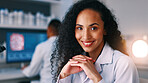 Portrait, woman and scientist with smile in lab for research, medical study and experiment. Happy, female person and healthcare investigation for biotechnology, pharmaceutical and vaccine development