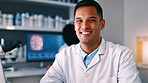 Portrait, man and scientist with confidence in lab for research, medical study and experiment. Smile, male person or healthcare investigation for biotechnology, pharmaceutical and vaccine development