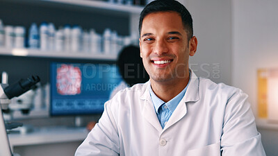 Buy stock photo Portrait, man and scientist with confidence in lab for research, medical study and experiment. Smile, male person or healthcare investigation for biotechnology, pharmaceutical and vaccine development