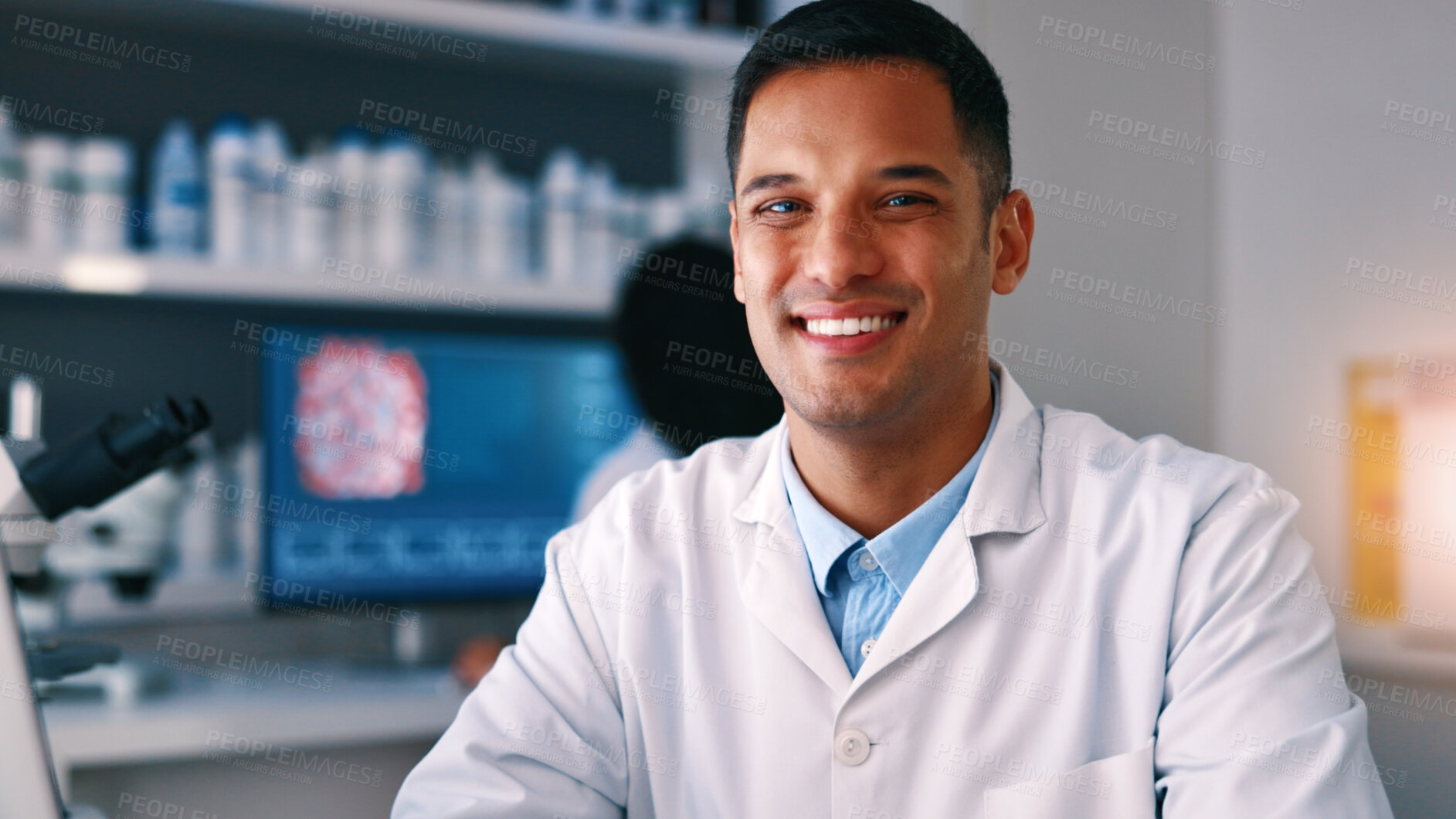 Buy stock photo Portrait, man and scientist with confidence in lab for research, medical study and experiment. Smile, male person or healthcare investigation for biotechnology, pharmaceutical and vaccine development