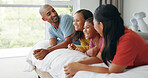 Smile, parents and kids relax on bed, bonding together and laughing with care in morning at house. Children, mother and father in bedroom at home with funny joke, connection and family with sisters