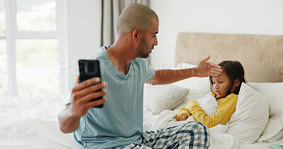Buy stock photo Sick, video call and father in home, girl and fever with support, conversation and cold. Family, dad and daughter in bedroom, phone for virtual consultation and app for online chatting and illness