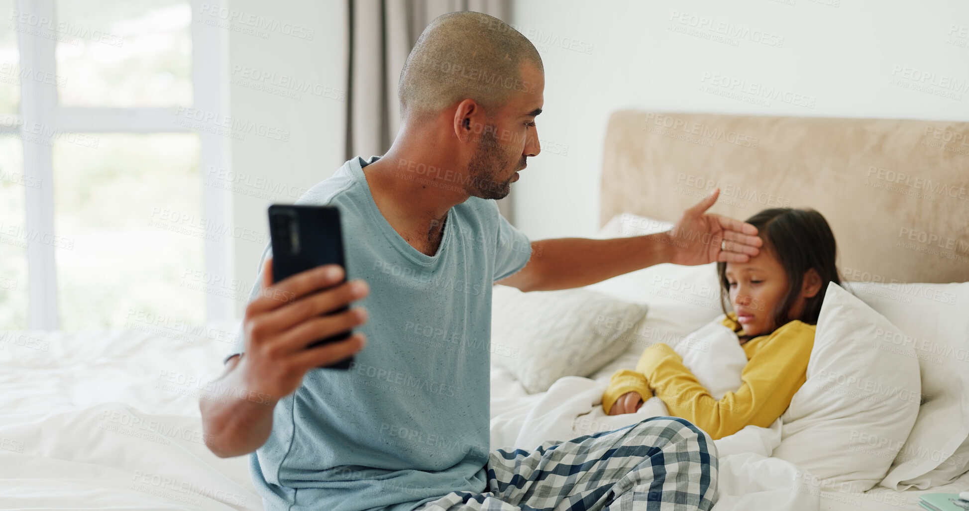 Buy stock photo Sick, video call and father in home, girl and fever with support, conversation and cold. Family, dad and daughter in bedroom, phone for virtual consultation and app for online chatting and illness