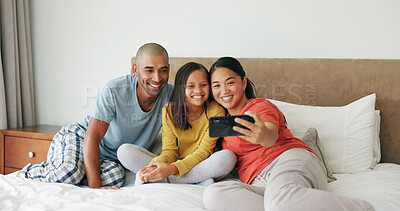 Buy stock photo Selfie, family and girl in bedroom, smile and bonding together with profile picture. Happy mother, child and father in home, daughter and capture moment with care, memory for love, relax or comfort