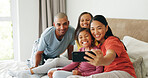Selfie, parents and girls in bedroom, smile and bonding together with profile picture. Happy family, mother and father in home, daughters and capture moment with care, memory for love and excited