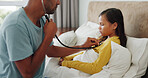 Stethoscope, breathe and father with girl in bed for chest infection, asthma or health issue. Illness, recovery and dad with child for cold, flu or allergies in bedroom of home for examination