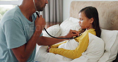 Buy stock photo Stethoscope, breathe and father with girl in bed for chest infection, asthma or health issue. Illness, recovery and dad with child for cold, flu or allergies in bedroom of home for examination