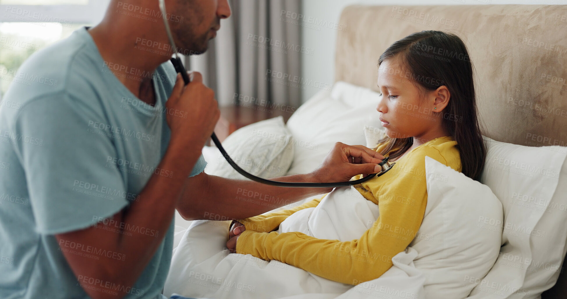 Buy stock photo Stethoscope, breathe and father with girl in bed for chest infection, asthma or health issue. Illness, recovery and dad with child for cold, flu or allergies in bedroom of home for examination