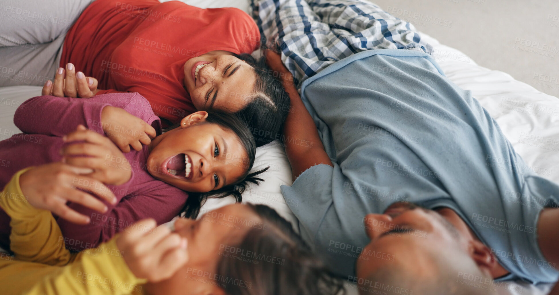 Buy stock photo Happy, parents or children on bed with love, childcare or healthy relationship on weekend break. Smile, people or girls in house with bonding, parenthood or family connection in childhood development